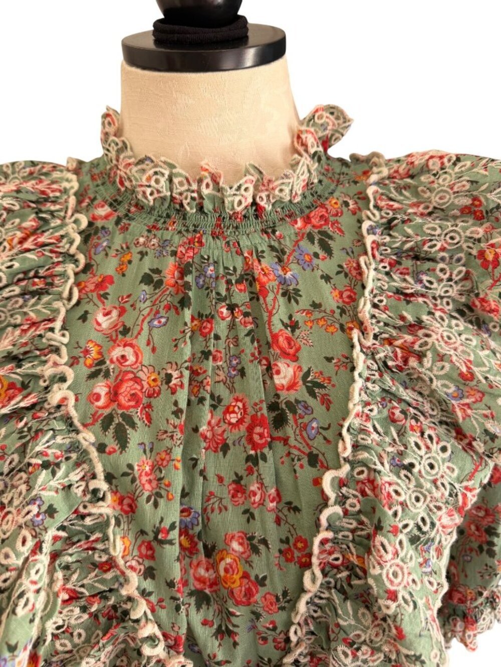 byTimo Womens Eyelet Lace Trim Ruffle Bodice Floral Mini Dress Size M Green Boho - Picture 5 of 10